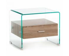 Comodino Comò Tavolino Basso Rettangolare in Vetro Temperato Curvato con Cassetto in Legno Design