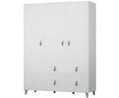 Hucoco - figo - Armadio 3 ante in stile scandinavo - 4 cassetti + bastone appendiabiti - 201x150x55