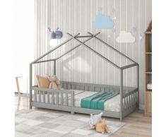Letto per Bambini in Legno Massello con Rete e Ringhiera, Protezione Anticaduta 90x200 cm - Grigio