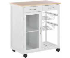 Carrello Cucina Legno Pino Bianco 2 Cassetti 1 Mobiletto 2 Scaffali Ruote Soggiorno - Bianco