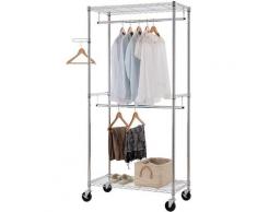 Stand Appendiabiti Acciaio Cromo 90x45x200 Camera Letto con Ripiano 2 Aste Ruote