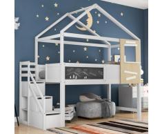 Letto a Castello Soppalco per Bambini con Rete a Doghe Scaletta con 3 cassetti, 90x200 cm Bianco