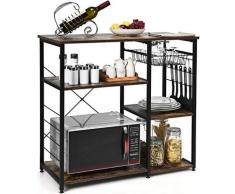 Costway - Scaffale da Cucina, Scaffale 3 Livelli per Microonde con Cesto a Rete, con 6 Ganci a