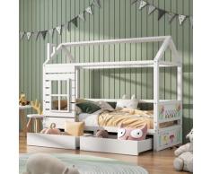 Jn.songs - Letto per Bambini a Forma di Casetta 90x200 cm in Legno Massello con 2 Cassetti e Rete a