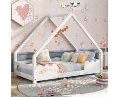 Letto per Bambini 80x160cm con Protezione Anticaduta, Stile Montessori Legno Massello - Bianco