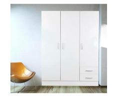Armadio a tre ante e due cassetti con ripiani e barra appendiabiti, colore bianco, Misure 120 x 170