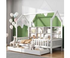Merax - Letto per bambini 90x200cm, con libreria multiuso, ripiano e due ampi cassetti, in legno