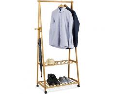 Appendiabiti in Bambù, da Terra, con Rotelle, 2 Mensole per Scarpe, Asta, HLP: 166x84x45 cm,