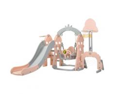 Scivolo per Bambini 5 in 1 con Porta da Calcio, Canestro da Basket, Altalena, Scivolo per