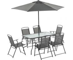 Outsunny - Set Tavolo con 6 Sedie Pieghevoli e Ombrellone, Piano in Vetro e Sedute in Tessuto,