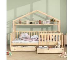 Letto per bambini 90x200 cm, Letto a Casetta con ripiano, 2 cassetti, recinzione e rete a doghe,