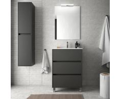 Mobile bagno a terra 60 cm in legno grigio opaco con lavabo in porcellana | Con specchio e lampada
