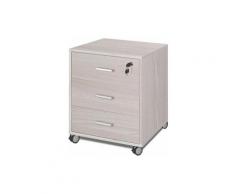 Cassettiera scrivania ufficio in legno 3 cassetti olmo chiato, con serratura e ruote. Cassettiere