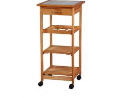 Carrello da cucina in legno di pino con 1 cassetto, 2 ripiani e 1 portabottiglie - con ruote - con