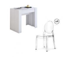 Set tavolo consolle allungabile bianca+4 sedie trasparenti Velar