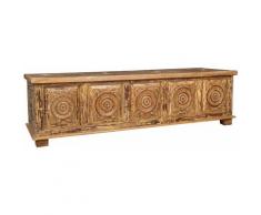Cassapanca antica originale in legno massello di teak intagliato con finitura decapata