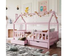 Letto Capanna in Pino per Bambini 90 x 200 cm con 2 Cassetti - Rosa