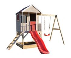 Wenditoys - Casetta da giardino bambini sulla piattaforma con scivolo e singole altalene Avventura
