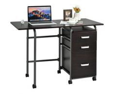 Costway - Scrivania Pieghevole per Computer, Tavolo Porta PC con 3 Cassetti Rimovibili e Ruote