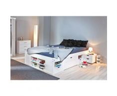 Dmora - Letto matrimoniale con vani contenitore e comodino incluso con ruote, colore bianco, cm