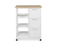 Carrello da Cucina bianco con Ruote, mobiletto da cucina con piano in legno di pino, carrello da