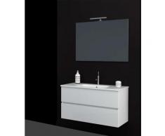 Base sospesa con doppio cassetto bianco lucido da 100 cm con lavabo in ceramica e specchio con
