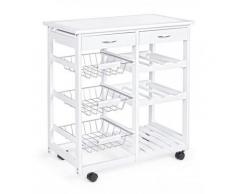 Carrello Da Cucina Duo 2 Cassetti 3 Ceste Con Portabottiglie Bianco In Legno