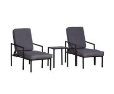 Set Salotto da Giardino in Metallo e Poliestere 2 Sedie 2 Pouf e Tavolino Grigio e Nero...