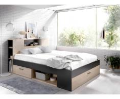 Letto matrimoniale alla francese con testiera portaoggetti e cassetti 140 x 190 cm Quercia e antracite - LEANDRE