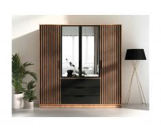 Armadio 4 ante e 3 cassetti Con specchio L196 cm Naturale e Nero - LIRMADA