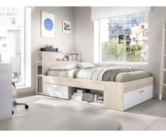 Letto con testata vani e cassetto 120x190cm Naturale e Bianco + Rete a doghe + Materasso - LEANDRE
