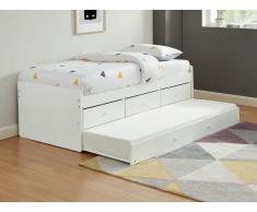 Letto singolo con letto estraibile e 3 cassetti 90 x 190 cm in MDF e Pino Bianco + Materasso - TITOUAN