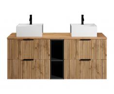 Mobile per bagno sospeso scanalature nicchie lavabo doppio appoggio quadrato L140cm Naturale chiaro - MADELA