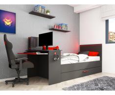 Letto a scomparsa gamer 90 x 200 cm e 90 x 190 cm - con scrivania - LED - Antracite e Rosso - VOUANI