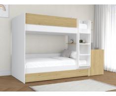 Letto a castello cassetto letto a scomparsa e 2 scrivanie 3x90x190cm Bianco e naturale + Materasso - DOMATI