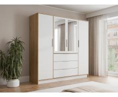 Armadio 4 ante e 3 cassetti Con specchi L196 cm Naturale e Bianco - LAMIKI