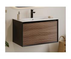 Mobile per bagno sospeso con scanalature e lavabo da incasso 80 cm Naturale scuro e Nero - BANIVA