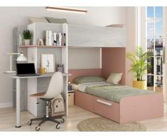 Letto a castello ad angolo con Scrivania + Materasso 2 x 90 x 190 cm Grigio, Bianco e Rosa - SAMUEL