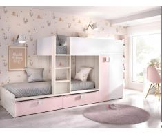 Letto a castello 2 x 90 x 190 cm - Armadio integrato - Bianco, Naturale e Rosa + materasso - JUANITO