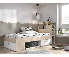 Letto + Materasso + Rete con testata, vani portaoggetti e cassetto 90 x 190 cm Bianco e Naturale - LEANDRE