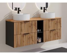 Mobile per bagno sospeso scanalature nicchie lavabo doppio da appoggio tondo L140cm Naturale chiaro - MADELA