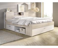 Letto con testata vani e cassetto 180x200cm Naturale e Bianco + Rete a doghe + Materasso - LEANDRE