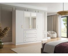 Armadio 4 ante e 3 cassetti Con specchi L196 cm Bianco - LIZANDRO