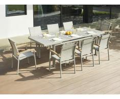 Sala pranzo giardino Allum.: tavolo all. L.180/240cm 8 poltrone impil. bracc. Acacia Tortora - NAURU di MYLIA