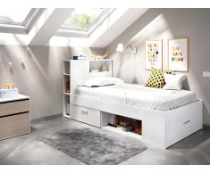 Letto con testata, vani portaoggetti e cassetto 90 x 190 cm Bianco + Rete - LEANDRE