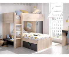 Letto a castello ad angolo reversibile - Vani portaoggetti integrati 2x90x190 cm - Rovere e Antracite + materasso - RICARDO