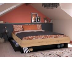 Letto con cassetto e nicchia 160 x 200 cm Naturale e Nero + Rete - MISTA
