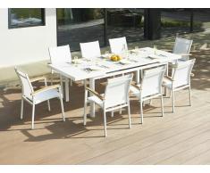 Sala pranzo giardino Allum.: tavolo all. L.180/240cm 8 poltrone impil. bracc. Acacia Bianco - NAURU di MYLIA