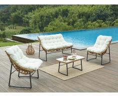 Salotto giardino in Resina intrecciata: 1 divano 2 posti, 2 poltrone tavolino Naturale chiaro - JONAH di MYLIA