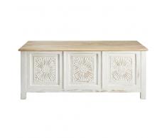 Cassapanca scolpita in legno massello di mango bianco effetto anticato Shiva